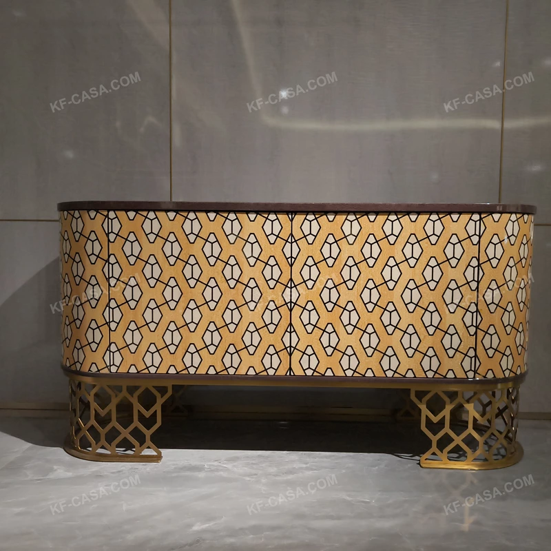 Rounded Two-Door Sideboard with Geometric Patterned Panels Dark Natural Wood Veneer Top and Gold-Tone Openwork Metal Base